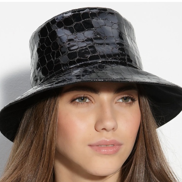 Eric Javits |  Croc Embossed Patent Water Repellent Rain Bucket Hat | Dark Brown - Picture 1 of 7